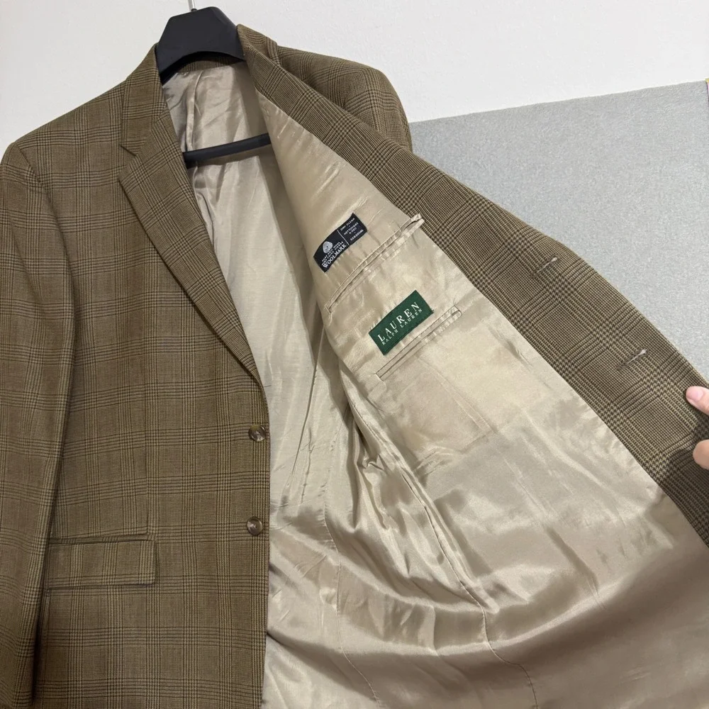 Lauren Ralph Lauren 100% Wool Glen Plaid‎ Blazer Brown Sport Coat Canada Made *